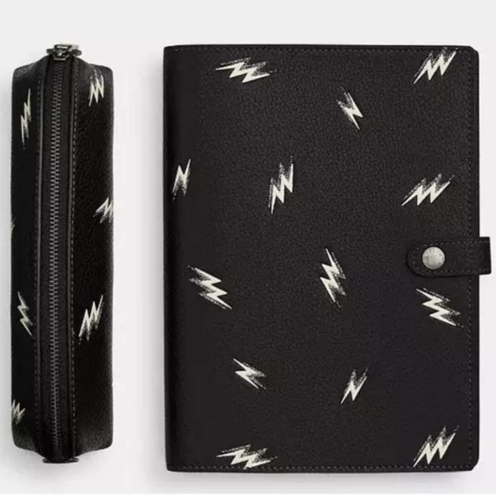 Coach Boxed Notebook and Pencil Case Set with Lightning Bolt - Black *NWT*